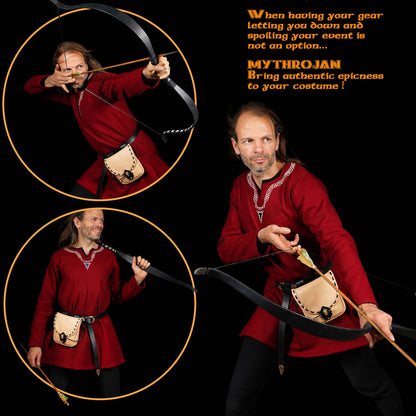 Mythrojan “The Adventurer’s” Belt Bag with Horn Toggle, Ideal for SCA LARP Reenactment &amp; Ren fair, Full Grain Leather, Natural, 8”x 7”