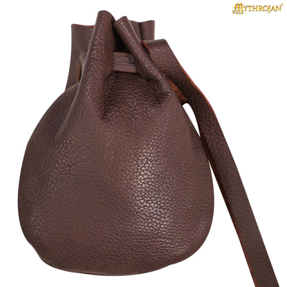 Mythrojan “Gold and Dice” Medieval Drawstring Bag, Ideal for SCA LARP Reenactment &amp; Ren fair - Full grain Leather Pouch, B rown 6” × 5&quot;