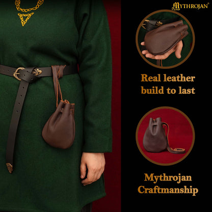 Mythrojan “Gold and Dice” Medieval Drawstring Bag, Ideal for SCA LARP Reenactment &amp; Ren fair - Full grain Leather Pouch, B rown 6” × 5&quot;