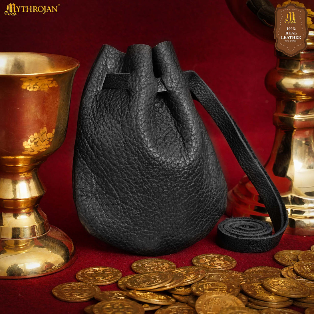 Mythrojan “Gold and Dice” Medieval Drawstring Bag, Ideal for SCA LARP Reenactment &amp; Ren fair - Full grain Leather Pouch, Black 6” × 5”