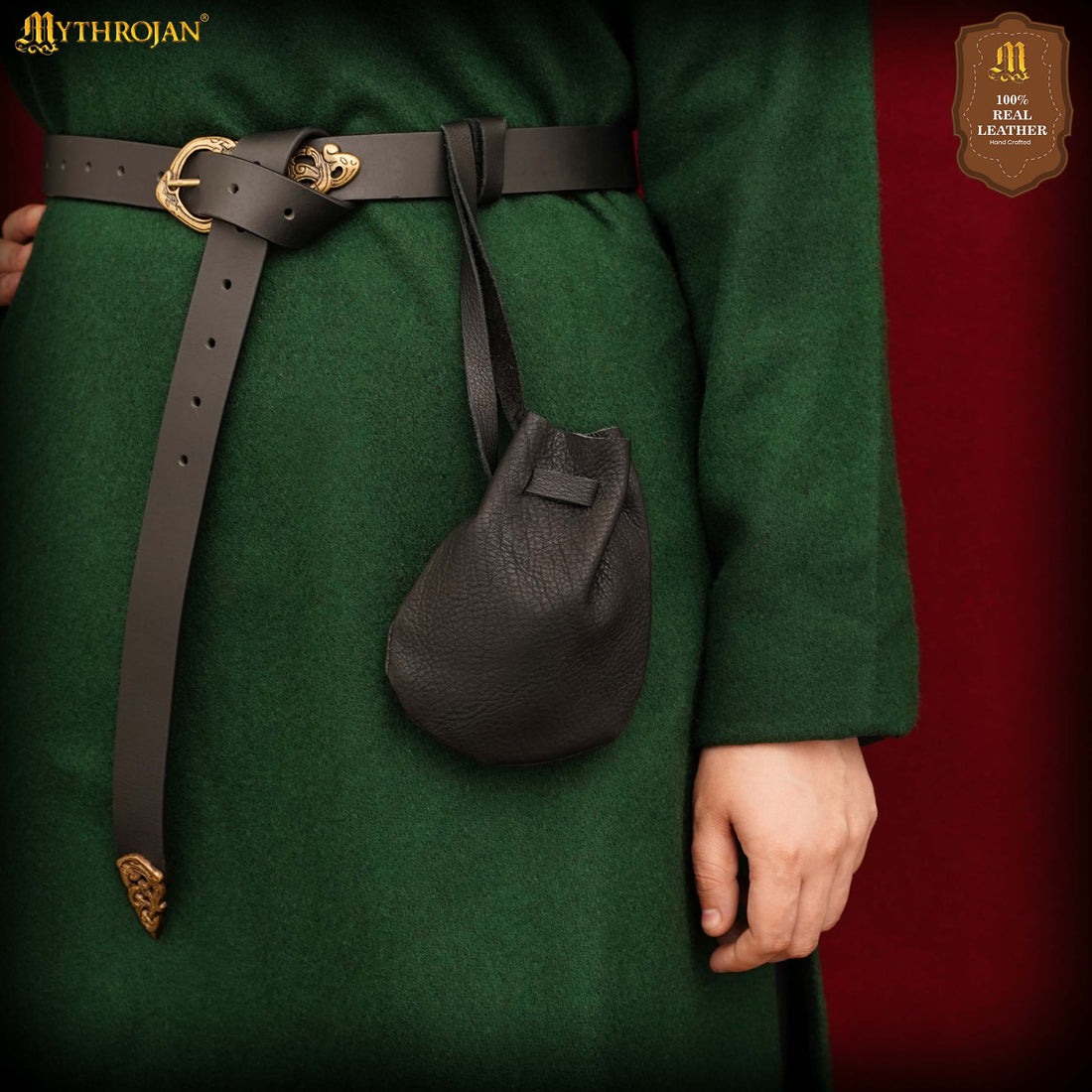 Mythrojan “Gold and Dice” Medieval Drawstring Bag, Ideal for SCA LARP Reenactment &amp; Ren fair - Full grain Leather Pouch, Black 6” × 5”
