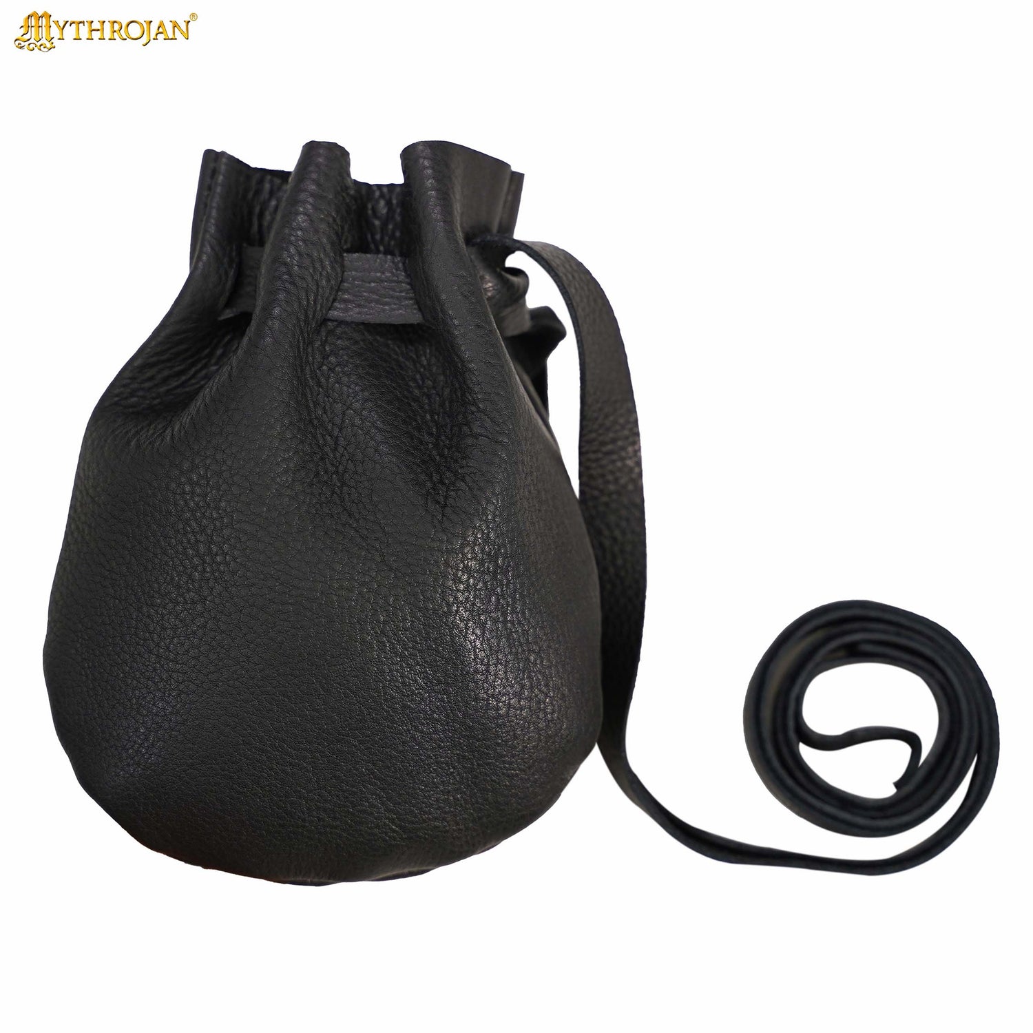 Mythrojan “Gold and Dice” Medieval Drawstring Bag, Ideal for SCA LARP Reenactment &amp; Ren fair - Full grain Leather Pouch, Black 6” × 5”