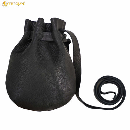 Mythrojan “Gold and Dice” Medieval Drawstring Bag, Ideal for SCA LARP Reenactment &amp; Ren fair - Full grain Leather Pouch, Black 6” × 5”