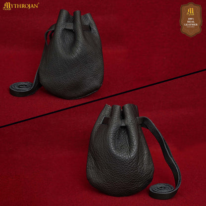 Mythrojan “Gold and Dice” Medieval Drawstring Bag, Ideal for SCA LARP Reenactment &amp; Ren fair - Full grain Leather Pouch, Black 6” × 5”