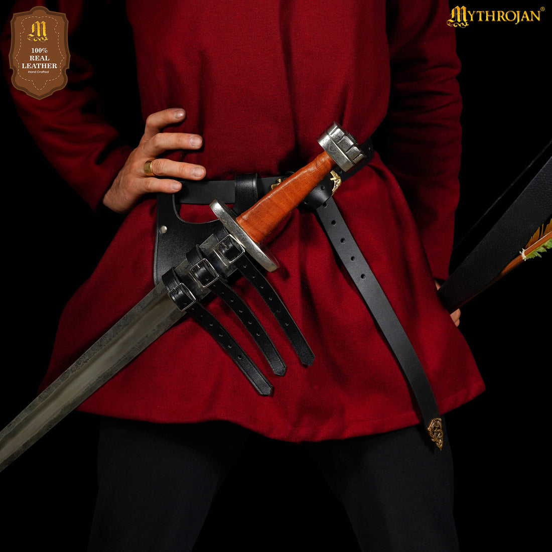 Mythrojan Renaissance Leather Sword Frog LARP Costume Accessory Rapier Knight Sword Belt - Black