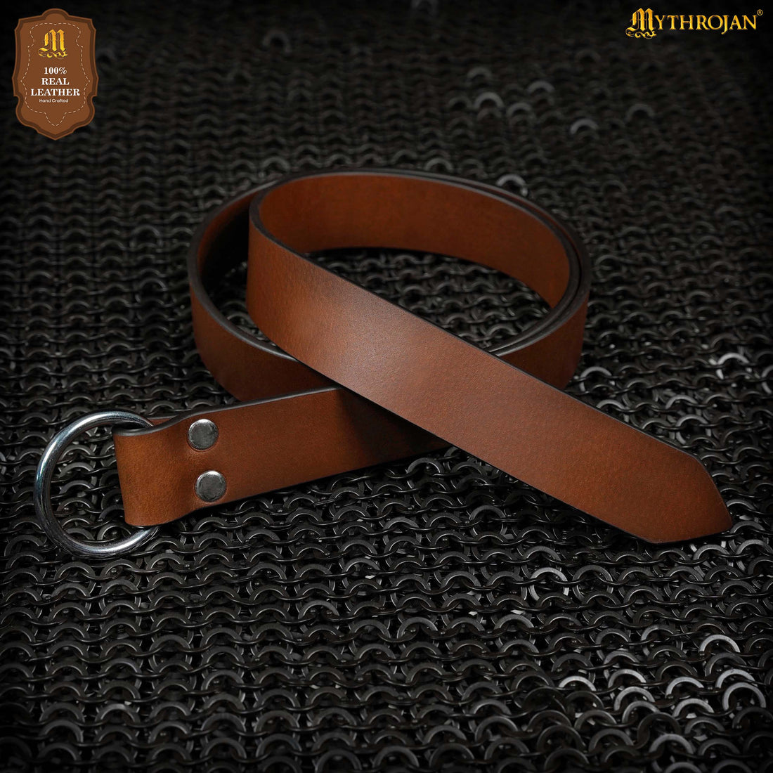 Mythrojan O - Ring Medieval Leather Belt, Ideal for LARP SCA Warrior Gothic Renaissance, BROWN