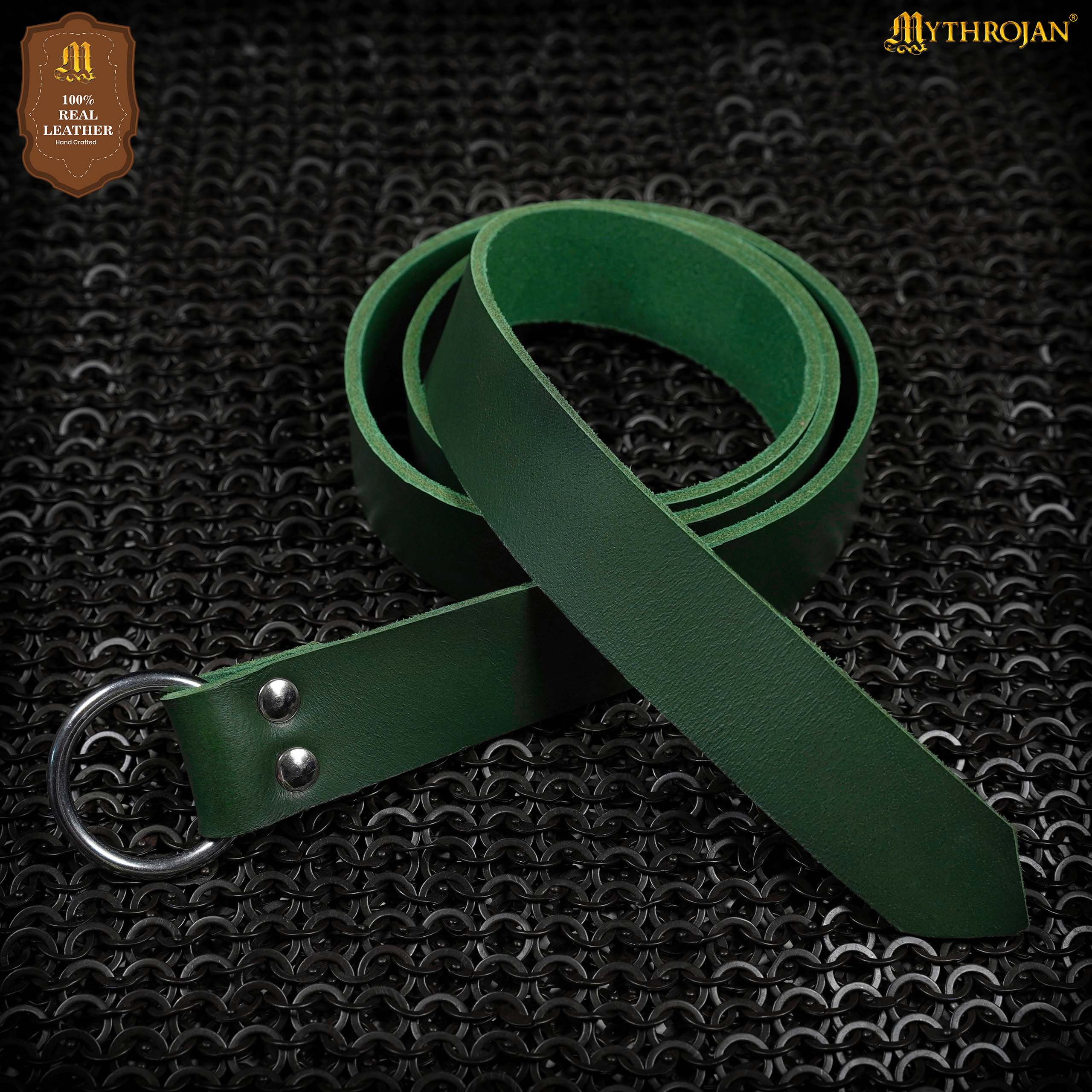 Mythrojan O-Ring Medieval Leather Belt, Ideal for LARP SCA warrior gothic renaissance, GREEN