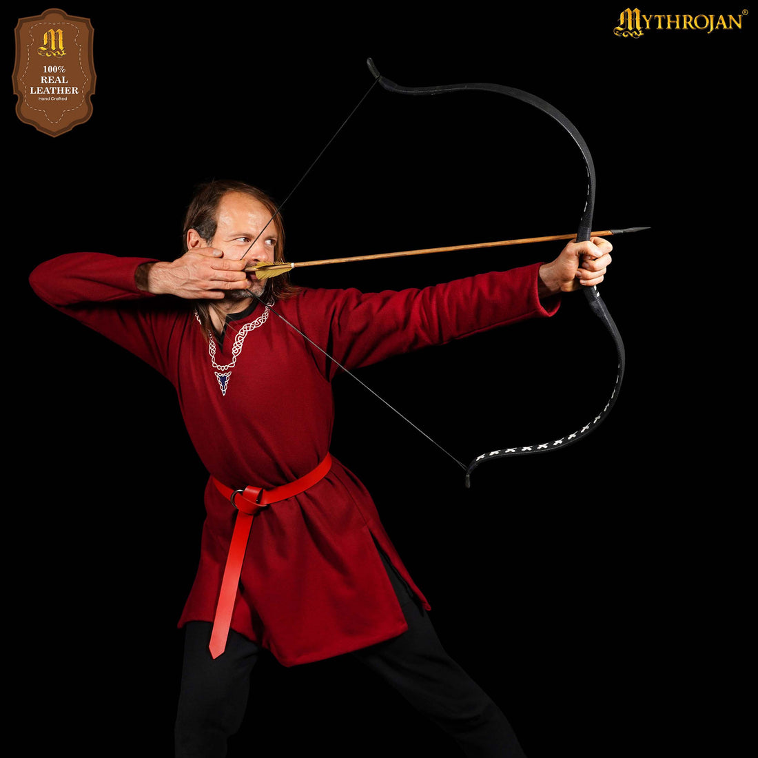 Mythrojan O - Ring Medieval Leather Belt, Ideal for LARP SCA Warrior Gothic Renaissance, RED