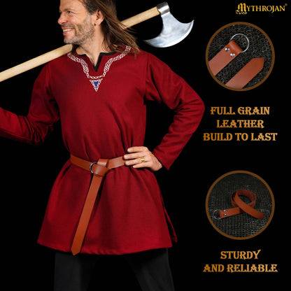 Mythrojan O-Ring Medieval Leather Belt, Ideal for LARP SCA warrior gothic renaissance, Tan, 50 INCHES