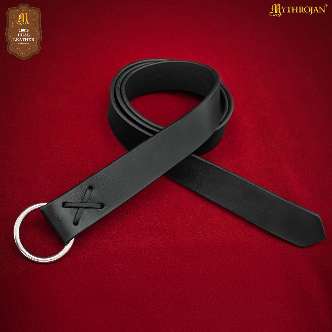 Mythrojan O - Ring Medieval Leather Belt , Ideal for LARP SCA Warrior Gothic Renaissance , Full Grain Leather, BLACK