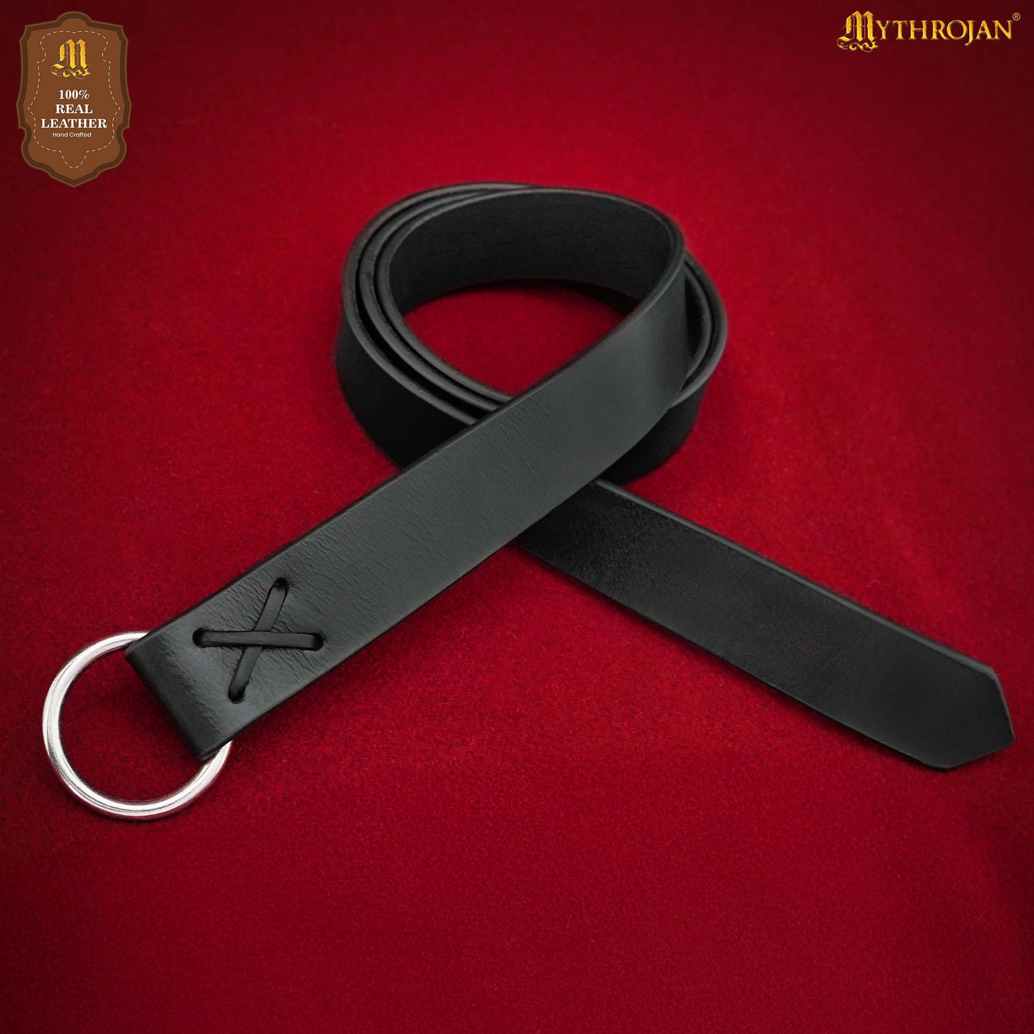 Mythrojan O - Ring Medieval Leather Belt , Ideal for LARP SCA Warrior Gothic Renaissance , Full Grain Leather, BLACK