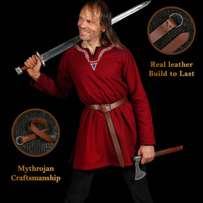 Mythrojan O - Ring Medieval Leather Belt , Ideal for LARP SCA Warrior Gothic Renaissance , Full Grain Leather, Brown