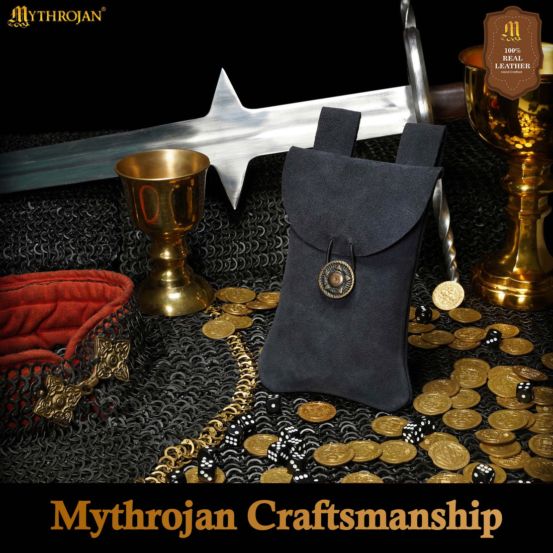 Mythrojan Suede Belt Bag, ideal for SCA LARP reenactment &amp; Ren fair, Suede Leather, Midnight Navy Blue, 7.2”×4.7”