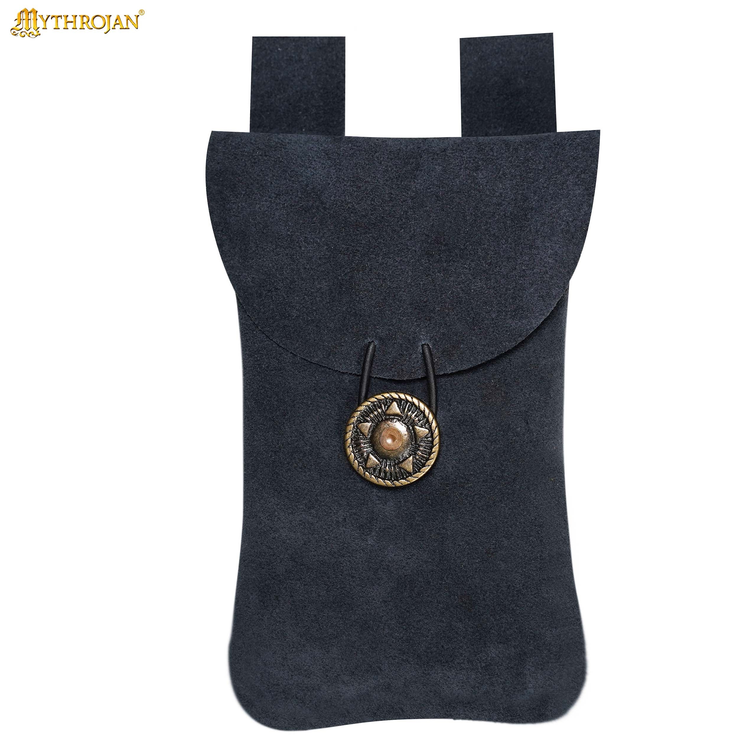 Mythrojan Suede Belt Bag, ideal for SCA LARP reenactment &amp; Ren fair, Suede Leather, Midnight Navy Blue, 7.2”×4.7”