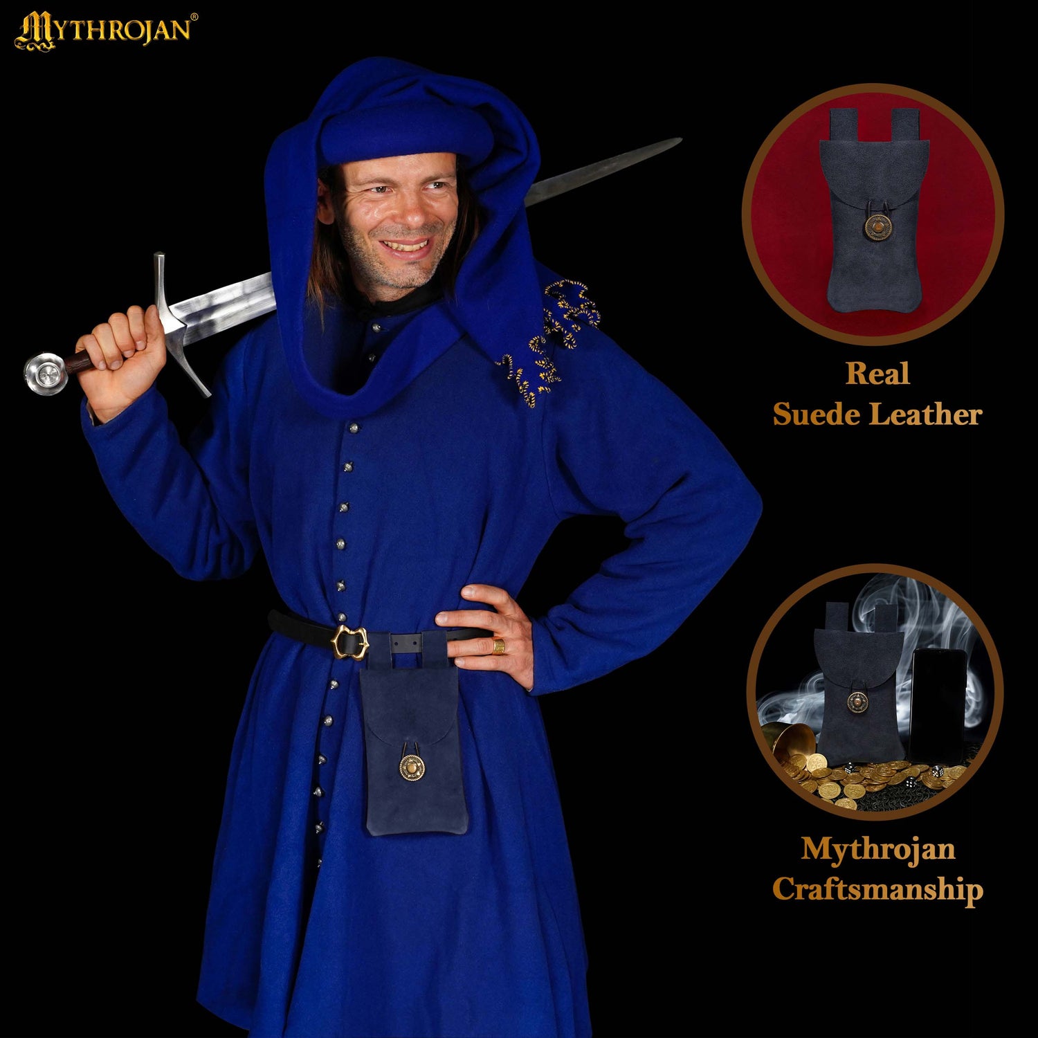 Mythrojan Suede Belt Bag, ideal for SCA LARP reenactment &amp; Ren fair, Suede Leather, Midnight Navy Blue, 7.2”×4.7”