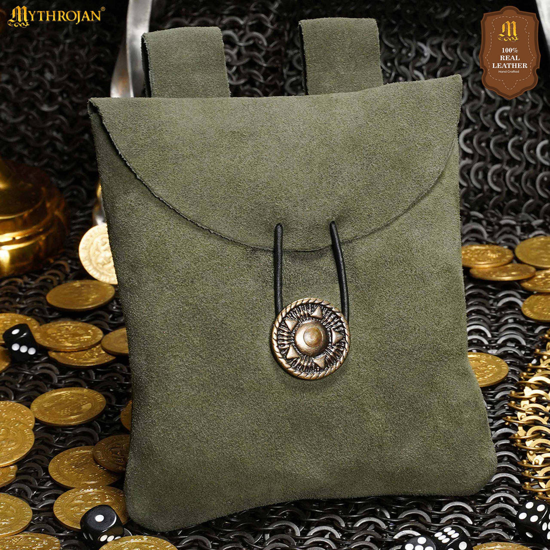 Mythrojan Suede Belt Bag, Ideal for SCA LARP Reenactment &amp; Ren fair, Suede Leather, Green , 5 .5”× 5.1 ”