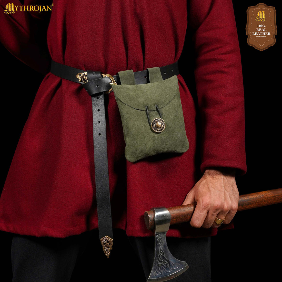 Mythrojan Suede Belt Bag, Ideal for SCA LARP Reenactment &amp; Ren fair, Suede Leather, Green , 5 .5”× 5.1 ”