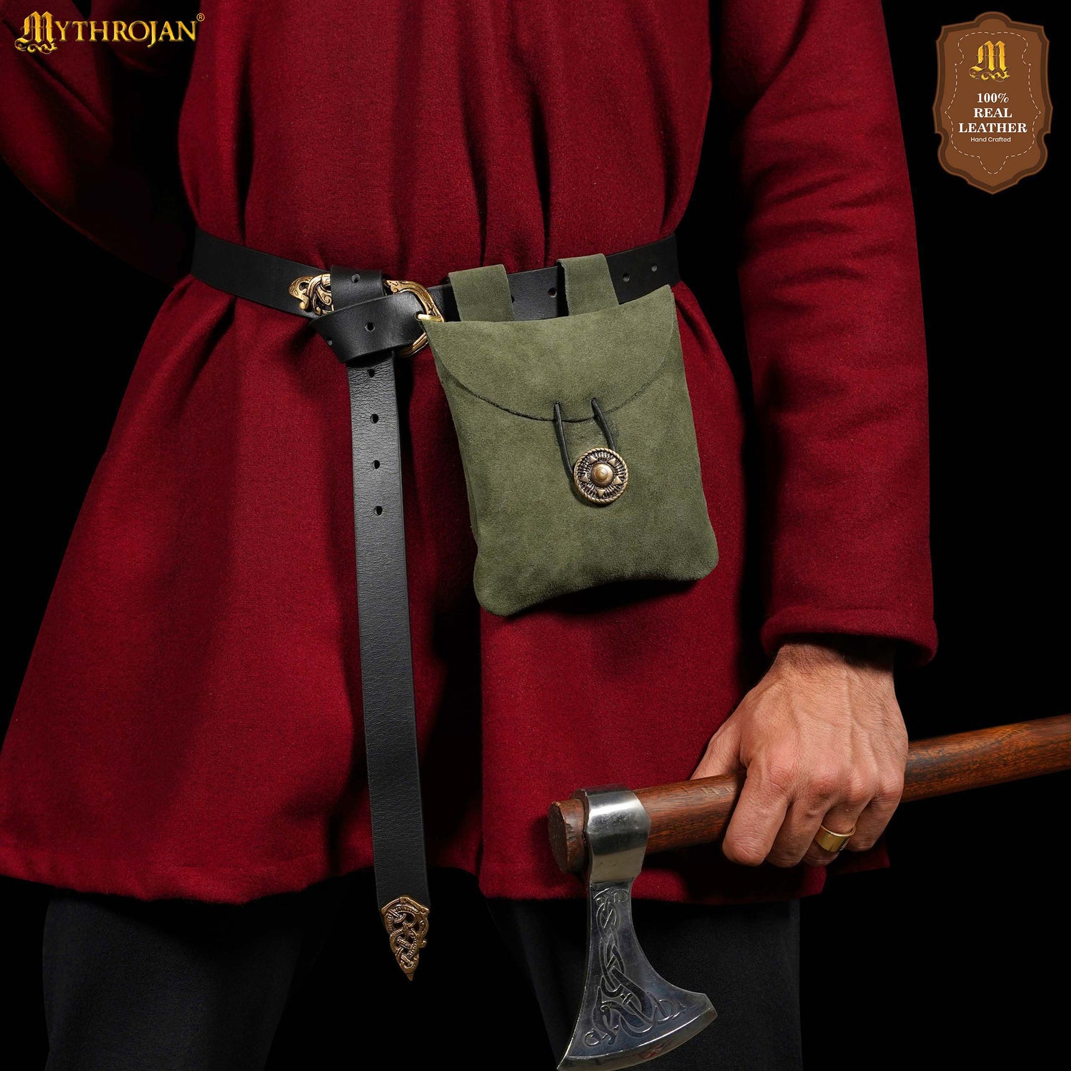 Mythrojan Suede Belt Bag, Ideal for SCA LARP Reenactment &amp; Ren fair, Suede Leather, Green , 5 .5”× 5.1 ”
