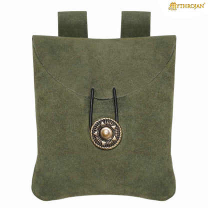 Mythrojan Suede Belt Bag, Ideal for SCA LARP Reenactment &amp; Ren fair, Suede Leather, Green , 5 .5”× 5.1 ”