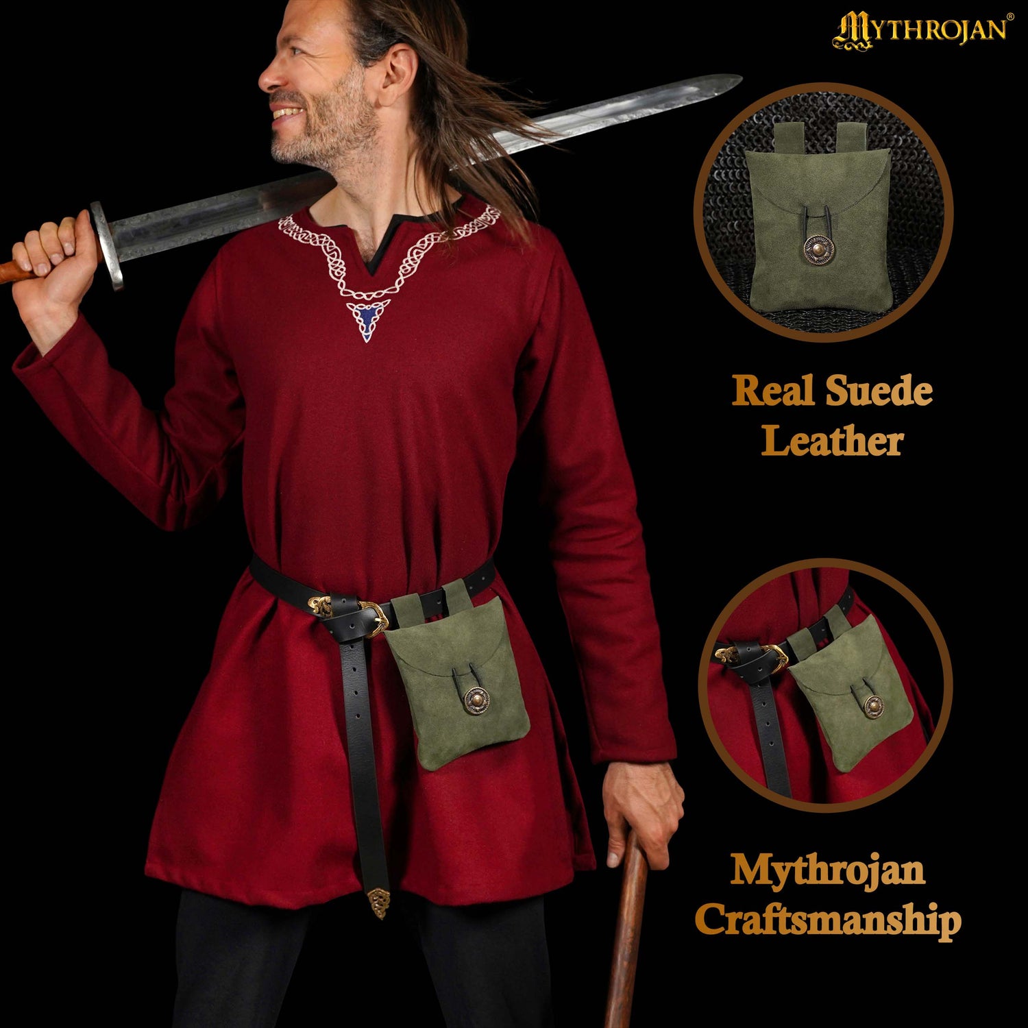 Mythrojan Suede Belt Bag, Ideal for SCA LARP Reenactment &amp; Ren fair, Suede Leather, Green , 5 .5”× 5.1 ”