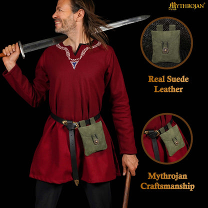 Mythrojan Suede Belt Bag, Ideal for SCA LARP Reenactment &amp; Ren fair, Suede Leather, Green , 5 .5”× 5.1 ”