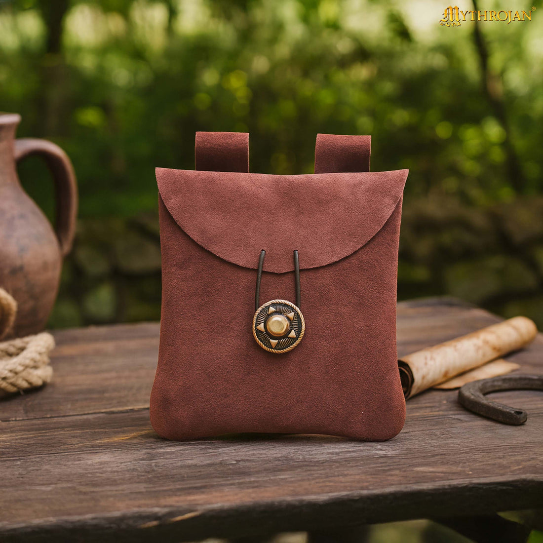 Mythrojan Suede Belt Bag, Ideal for SCA LARP Reenactment &amp; Ren fair, Suede Leather, Maroon , 5 .5”× 5.1 ”