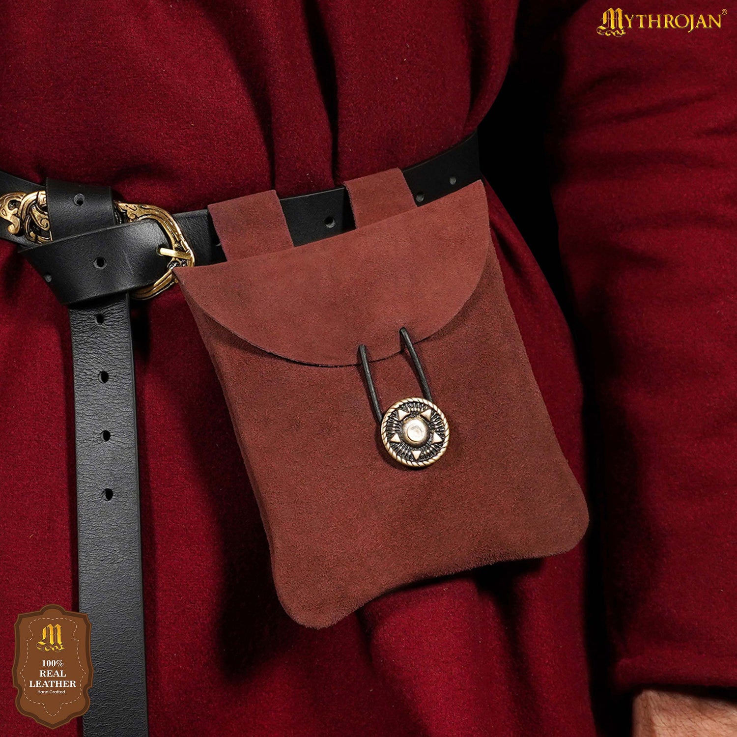 Mythrojan Suede Belt Bag, Ideal for SCA LARP Reenactment &amp; Ren fair, Suede Leather, Maroon , 5 .5”× 5.1 ”