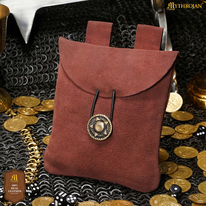 Mythrojan Suede Belt Bag, Ideal for SCA LARP Reenactment &amp; Ren fair, Suede Leather, Maroon , 5 .5”× 5.1 ”