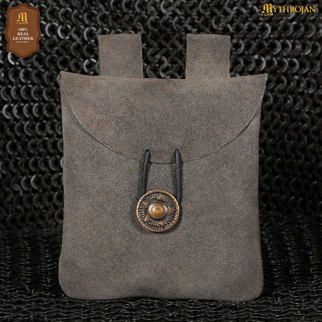 Mythrojan Suede Belt Bag, ideal for SCA LARP reenactment &amp; Ren fair, Suede Leather, Grey, 5.5”×5.1”