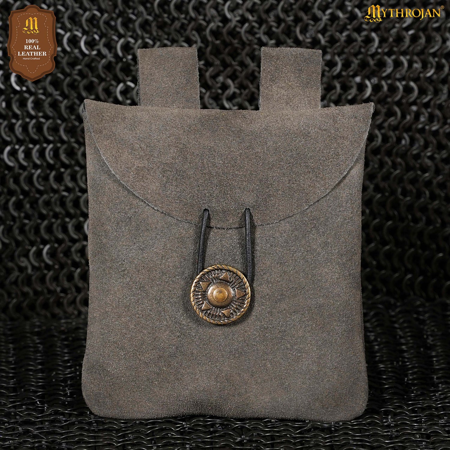 Mythrojan Suede Belt Bag, ideal for SCA LARP reenactment &amp; Ren fair, Suede Leather, Grey, 5.5”×5.1”