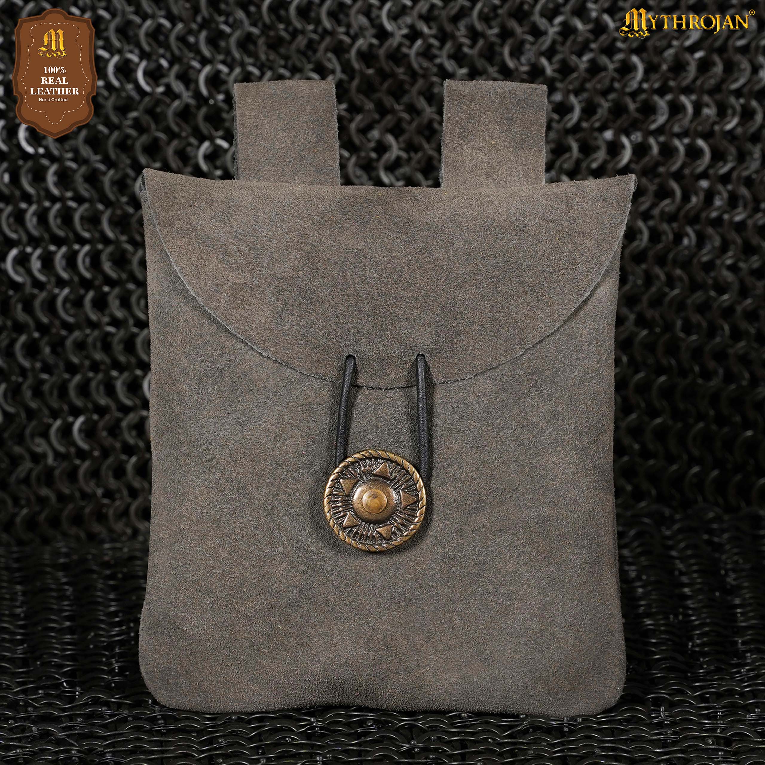 Mythrojan Suede Belt Bag, ideal for SCA LARP reenactment &amp; Ren fair, Suede Leather, Grey, 5.5”×5.1”