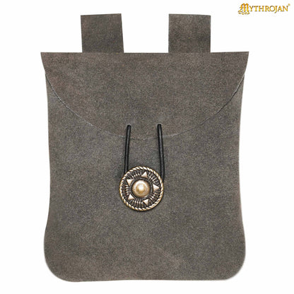 Mythrojan Suede Belt Bag, ideal for SCA LARP reenactment &amp; Ren fair, Suede Leather, Grey, 5.5”×5.1”