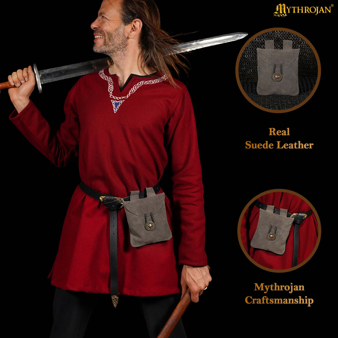 Mythrojan Suede Belt Bag, ideal for SCA LARP reenactment &amp; Ren fair, Suede Leather, Grey, 5.5”×5.1”