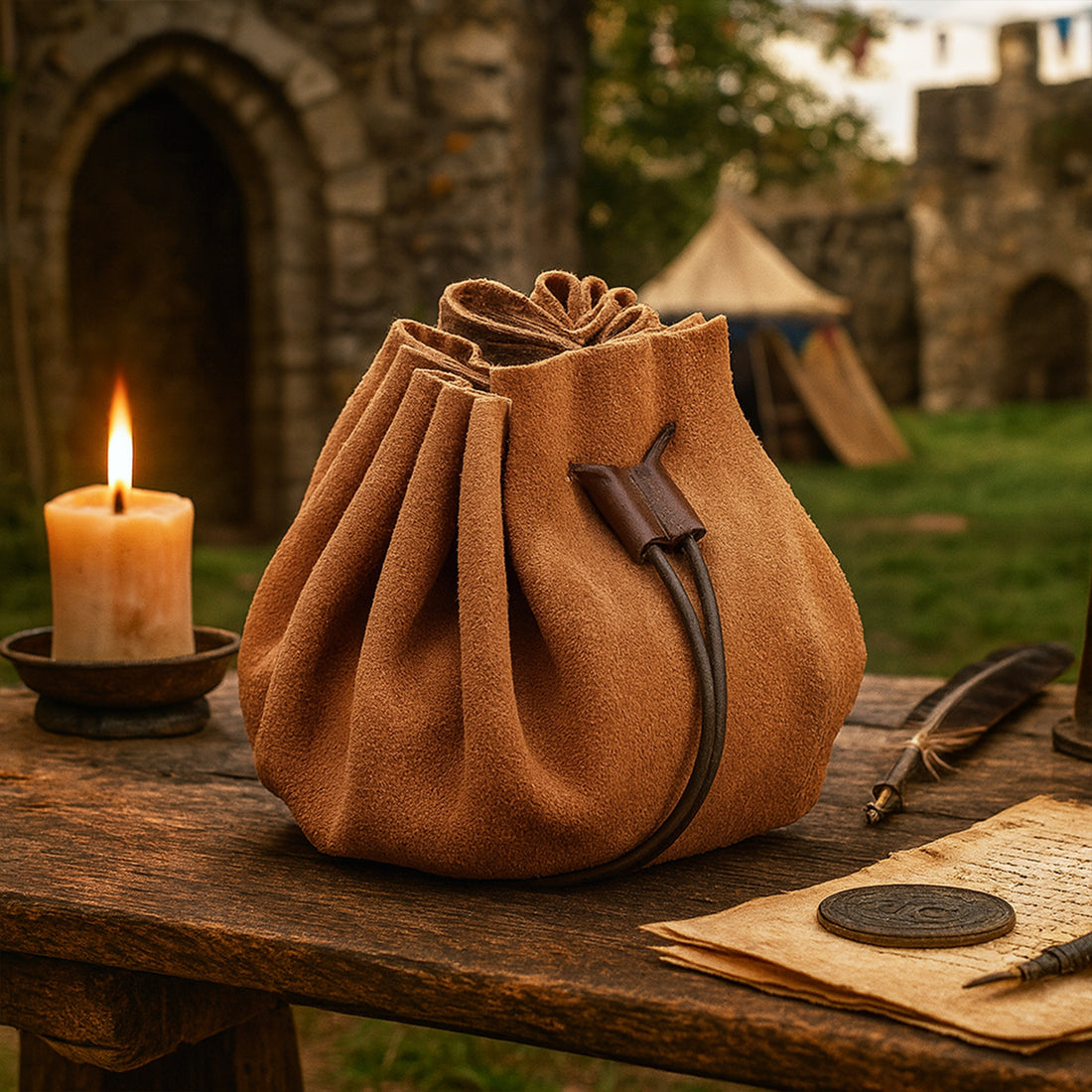 Mythrojan “ Gold and Dice ” Medieval Drawstring Bag, Ideal for SCA LARP Reenactment &amp; Ren fair - Suede Leather Pouch, Brown 3.5