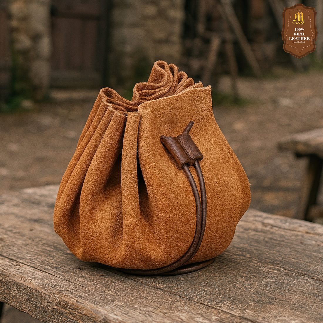 Mythrojan “ Gold and Dice ” Medieval Drawstring Bag, Ideal for SCA LARP Reenactment &amp; Ren fair - Suede Leather Pouch, Brown 3.5