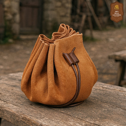 Mythrojan “ Gold and Dice ” Medieval Drawstring Bag, Ideal for SCA LARP Reenactment &amp; Ren fair - Suede Leather Pouch, Brown 3.5