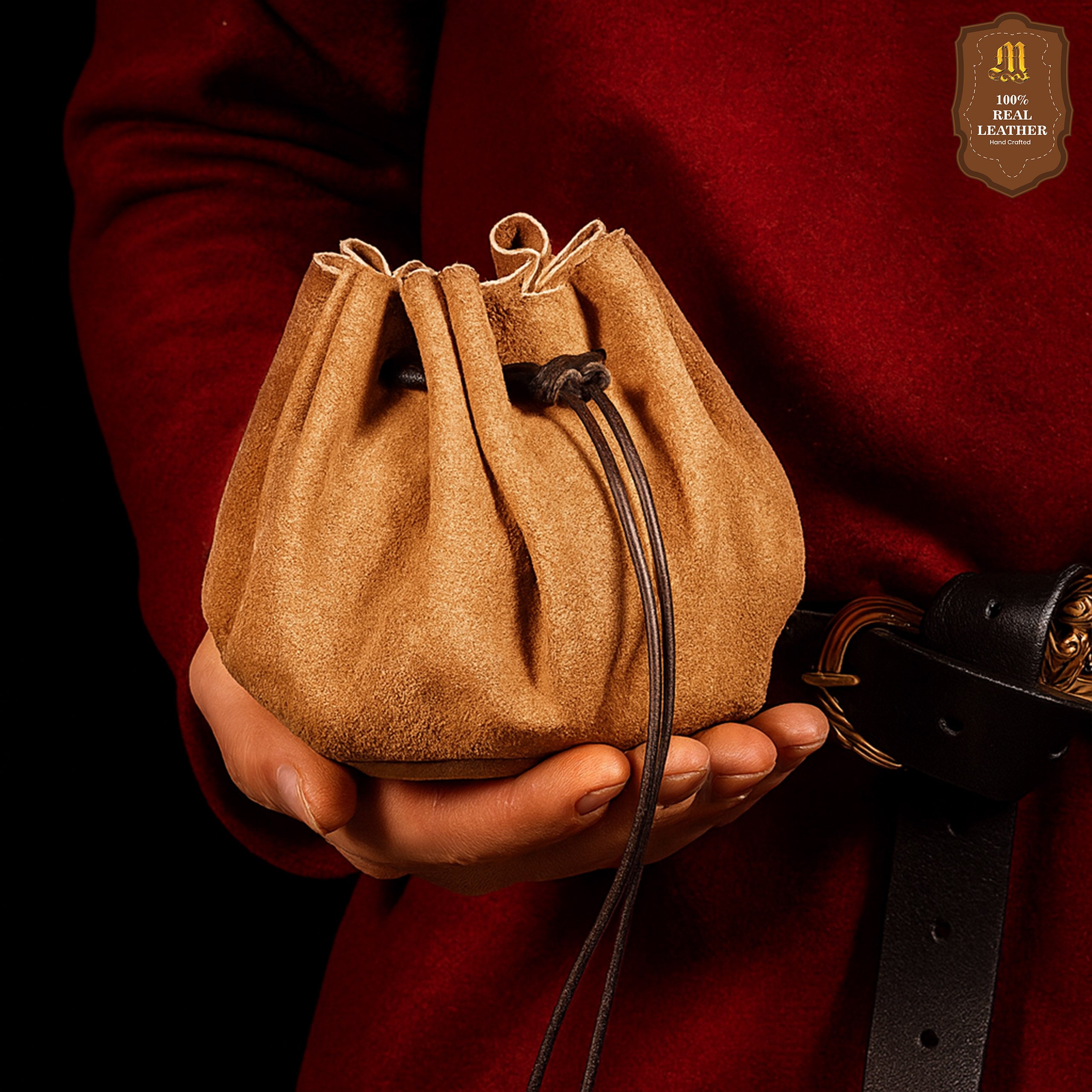 Mythrojan “ Gold and Dice ” Medieval Drawstring Bag, Ideal for SCA LARP Reenactment &amp; Ren fair - Suede Leather Pouch, Brown 3.5