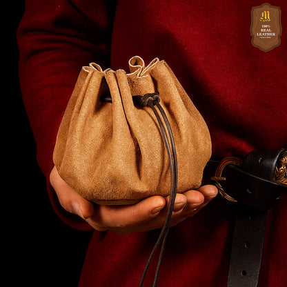 Mythrojan “ Gold and Dice ” Medieval Drawstring Bag, Ideal for SCA LARP Reenactment &amp; Ren fair - Suede Leather Pouch, Brown 3.5