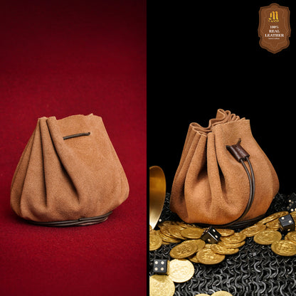 Mythrojan “ Gold and Dice ” Medieval Drawstring Bag, Ideal for SCA LARP Reenactment &amp; Ren fair - Suede Leather Pouch, Brown 3.5