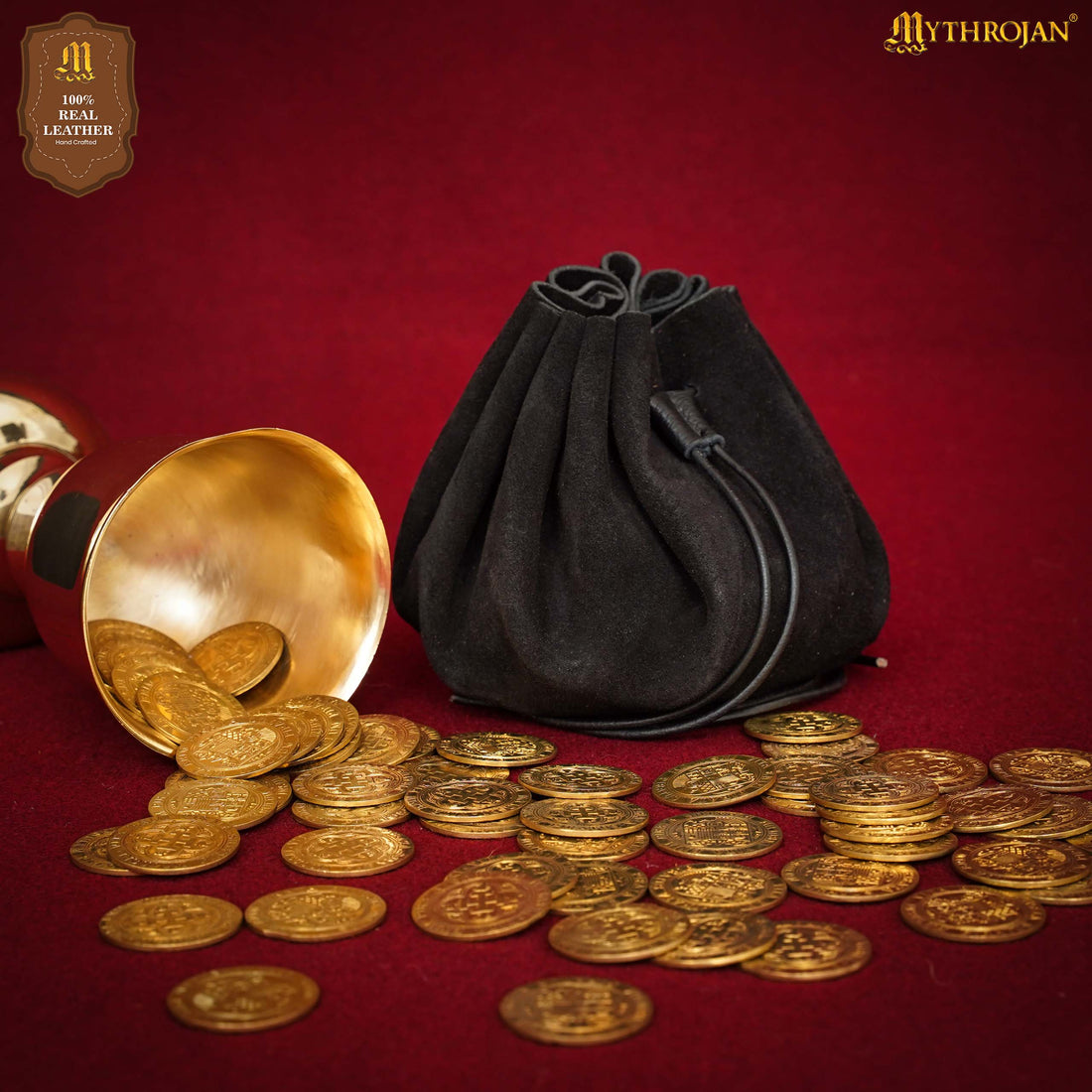 Mythrojan “ Gold and Dice ” Medieval Drawstring Bag, Ideal for SCA LARP Reenactment &amp; Ren fair - Suede Leather Pouch, Black 3.5