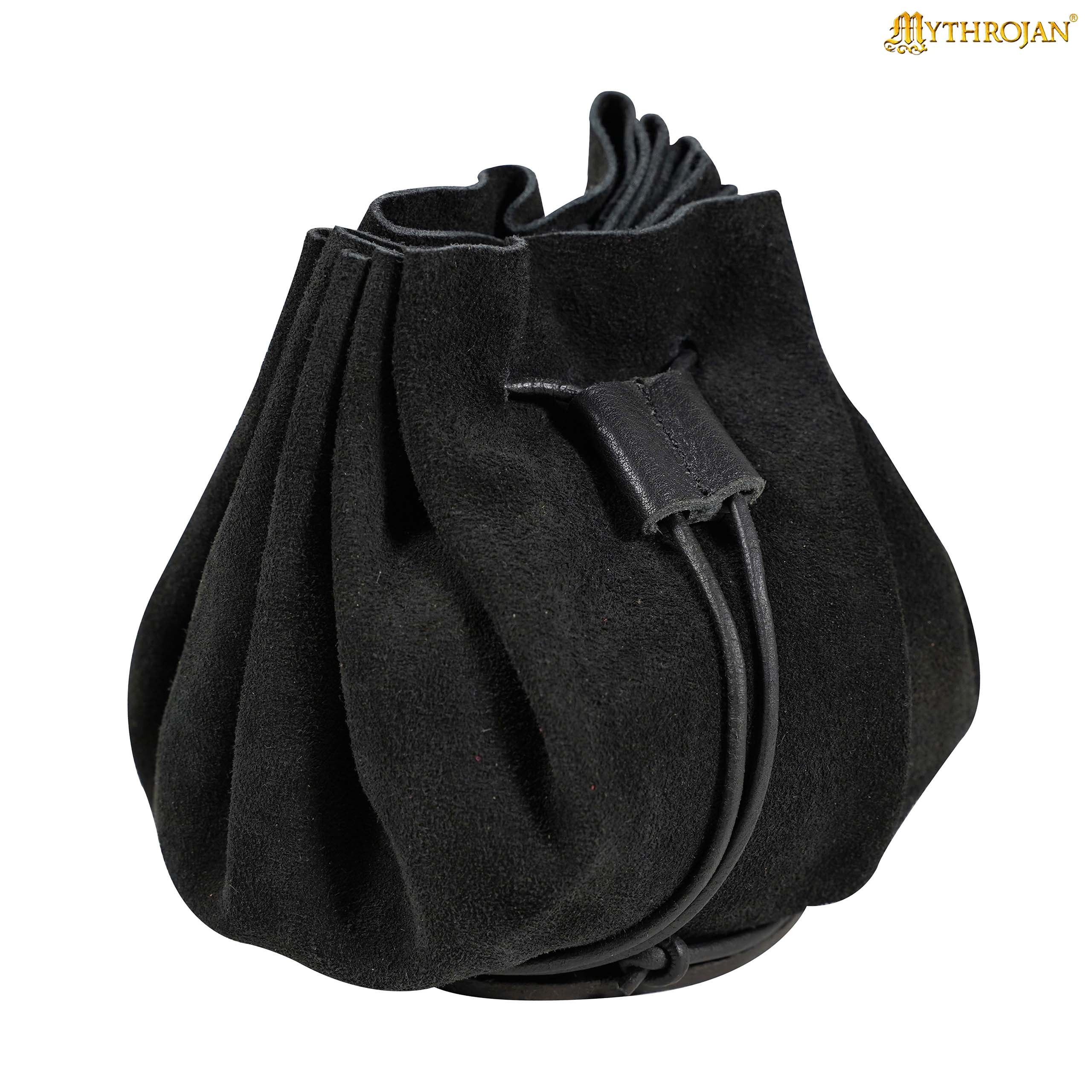 Mythrojan “ Gold and Dice ” Medieval Drawstring Bag, Ideal for SCA LARP Reenactment &amp; Ren fair - Suede Leather Pouch, Black 3.5
