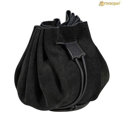 Mythrojan “ Gold and Dice ” Medieval Drawstring Bag, Ideal for SCA LARP Reenactment &amp; Ren fair - Suede Leather Pouch, Black 3.5
