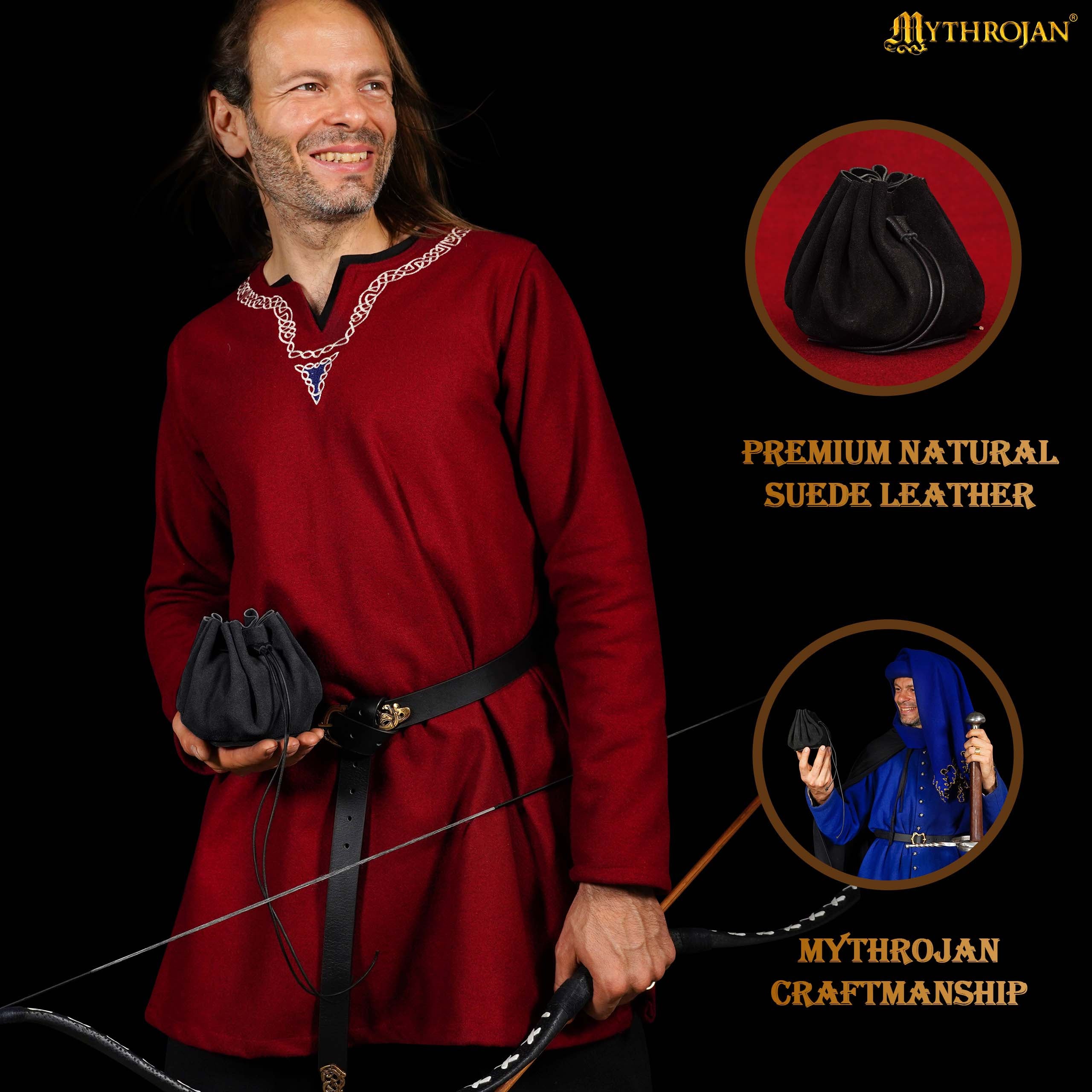 Mythrojan “ Gold and Dice ” Medieval Drawstring Bag, Ideal for SCA LARP Reenactment &amp; Ren fair - Suede Leather Pouch, Black 3.5