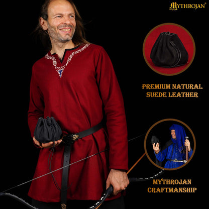 Mythrojan “ Gold and Dice ” Medieval Drawstring Bag, Ideal for SCA LARP Reenactment &amp; Ren fair - Suede Leather Pouch, Black 3.5