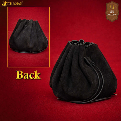 Mythrojan “ Gold and Dice ” Medieval Drawstring Bag, Ideal for SCA LARP Reenactment &amp; Ren fair - Suede Leather Pouch, Black 3.5