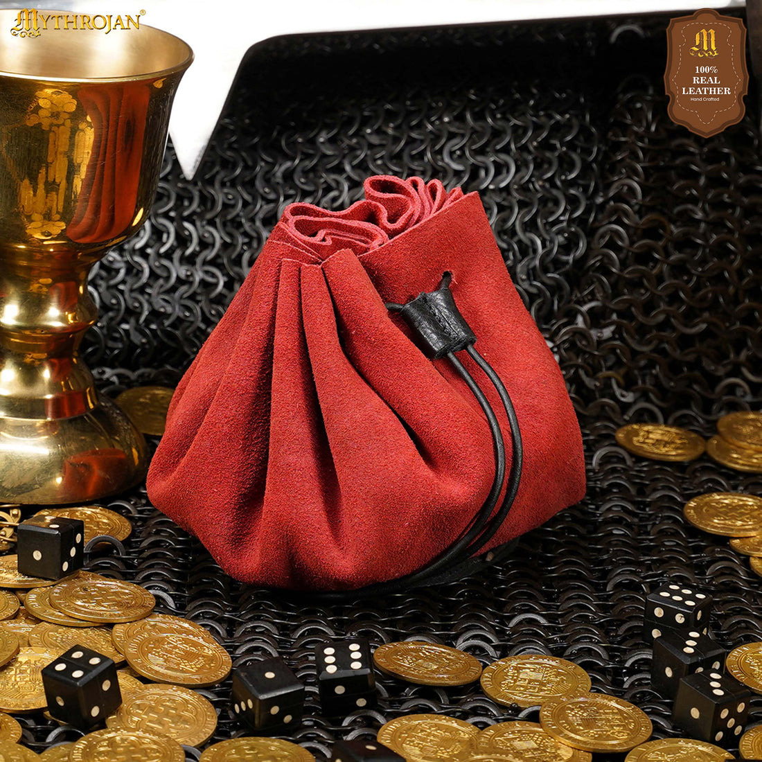 Mythrojan “ Gold and Dice ” Medieval Drawstring Pouch , Ideal for SCA LARP Reenactment &amp; Ren fair : Suede Leather Bag , 3.5”