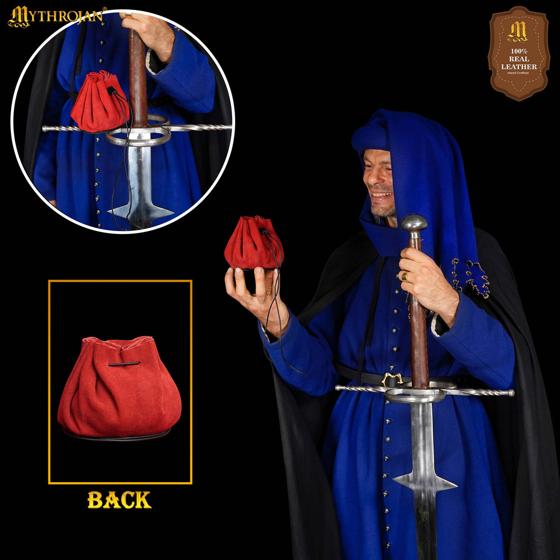 Mythrojan “ Gold and Dice ” Medieval Drawstring Pouch , Ideal for SCA LARP Reenactment &amp; Ren fair : Suede Leather Bag , 3.5”