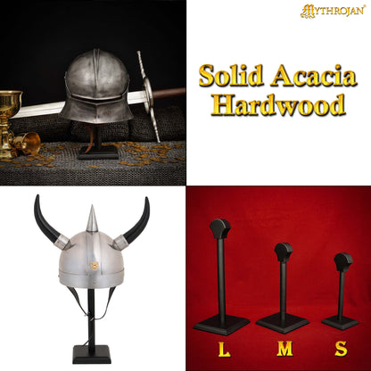 Mythrojan Wooden Helmet Stand Solid Medieval Roman Viking Helmet Display Stand Wooden Star Wars Helmet Stand Mask Display Templar Spartan Cosplay LARP Knight Stand Black