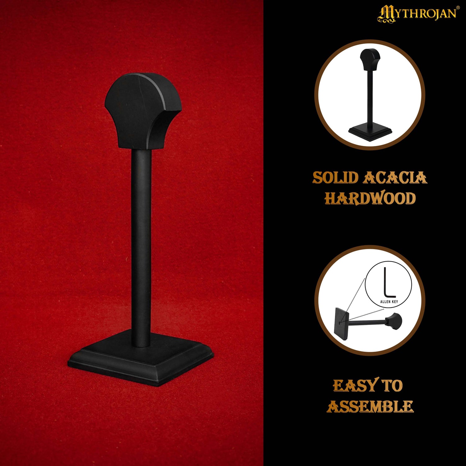 Mythrojan Wooden Helmet Stand Solid Medieval Roman Viking Helmet Display Stand Wooden Star Wars Helmet Stand Mask Display Templar Spartan Cosplay LARP Knight Stand Black