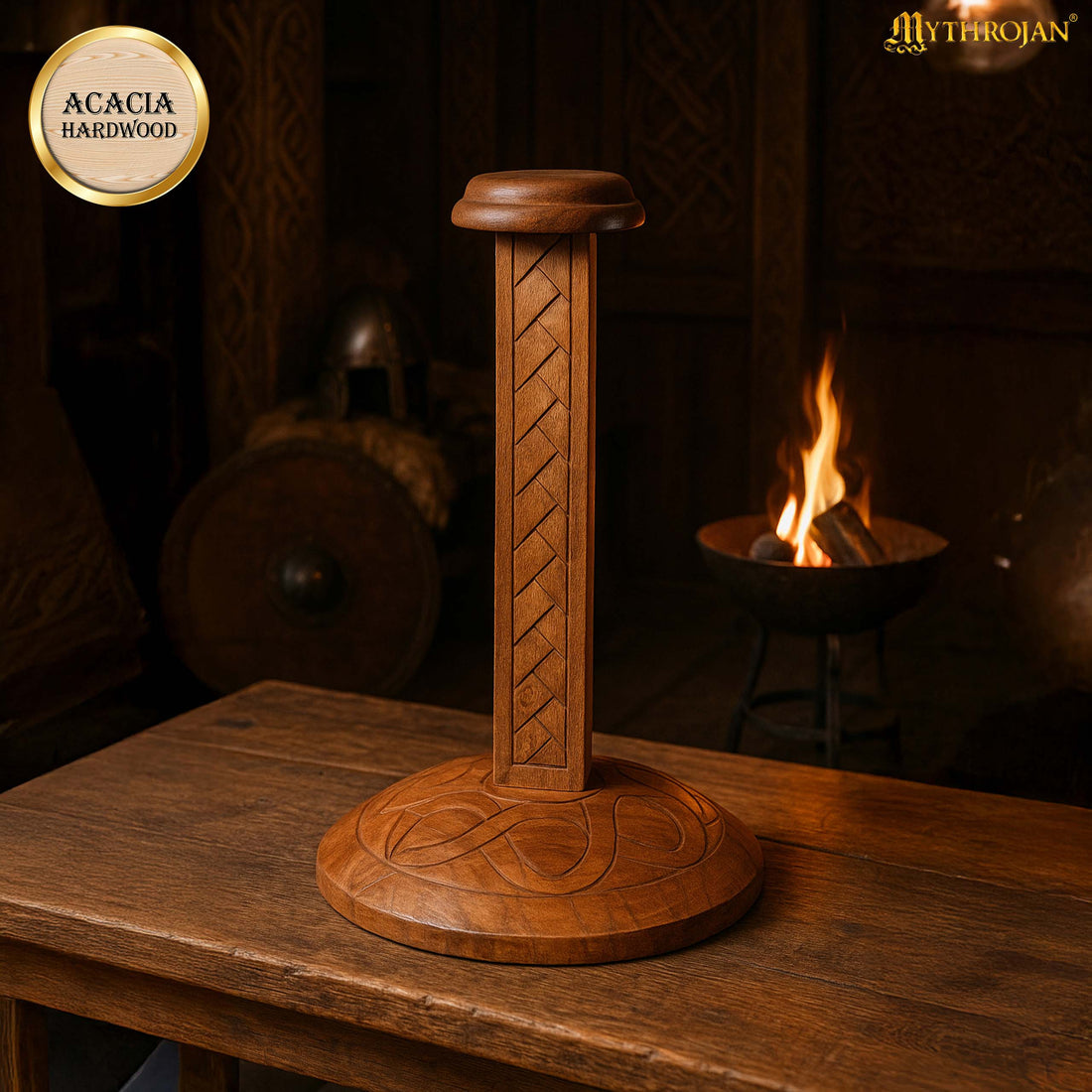 Mythrojan Wooden Helmet Stand Solid Medieval Roman Viking Helmet Display Stand Mask Display Templar Spartan Cosplay Larp Knight Stand - Brown